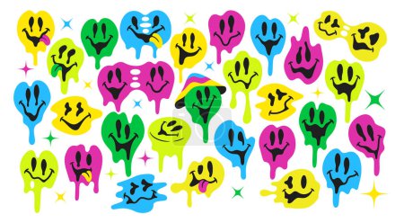 Ilustración de Conjunto de fusión o goteo de sonrisas psicodélicas. Emojis colorido de la cara aislado sobre fondo blanco. Dibujos animados Vivid Vintage, Colección de iconos retro. Groovy, Trippy, Emoticones positivos. Ilustración vectorial - Imagen libre de derechos