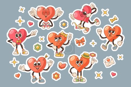 Illustration for Set of Stickers with Retro Cartoon Groovy Heart Characters Exude Love And Positivity. Vector Patches of Valentine Day Personages With Bright Colors, And Funky Mood, Capturing The Spirit Of The 70s - Royalty Free Image