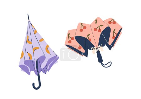 Illustration for Vector Umbrellas with Cute Fruity Patterns. Portable Devices Designed To Shield From Rain Or Sunlight. They Consist Of A Collapsible Frame And A Fabric Canopy For Protection Against The Elements - Royalty Free Image