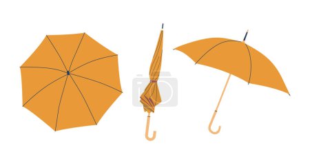Téléchargez les illustrations : Parapluie jaune, plié et ouvert portable, dispositif pliable conçu pour protéger de la pluie ou de la lumière du soleil. Leur taille compacte et leur polyvalence en font des accessoires essentiels pour la protection contre les intempéries en déplacement - en licence libre de droit
