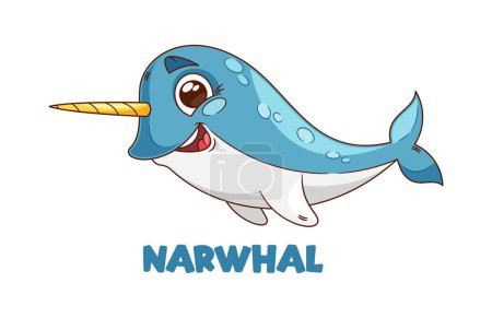 Illustration for Whimsical Cartoon Narwhal Vector Character With A Spiral Horn, Bright Blue Eyes, And A Perpetual Grin. Playful And Adventurous, It Swims Through Imaginary Seas, Spreading Joy With Its Magical Aura - Royalty Free Image