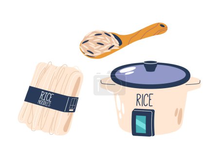 Ilustración de El grano de arroz en cuchara, los fideos son finos, tiras planas hechas de harina de arroz, versátiles en la cocina asiática. La cocina eléctrica simplifica la preparación del arroz, asegurando granos esponjosos y perfectamente cocidos, iconos vectoriales - Imagen libre de derechos