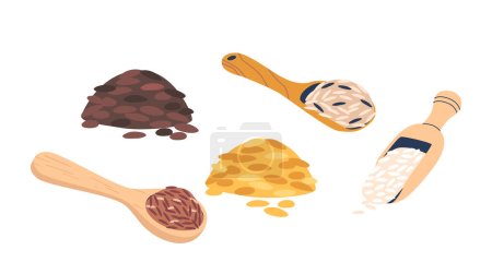 Illustration for Rice Cereal Grains Vector Icons Set. Small, Versatile, Staple Food Items Derived From The Oryza Sativa Plant. Long-grain, Short-grain, Brown And Basmati. Piles and Spoons, Primary Source Of Nutrition - Royalty Free Image