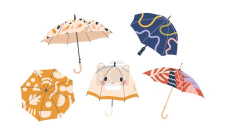 Téléchargez les illustrations : Ensemble de parapluies pour enfants et adultes. Appareils portables compacts conçus pour protéger de la pluie ou de la lumière du soleil, ils se composent d'un auvent pliable soutenu par une tige centrale. Illustration vectorielle de bande dessinée - en licence libre de droit