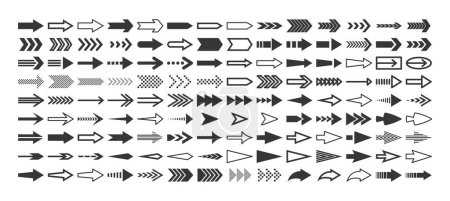 Ilustración de Conjunto de símbolos de flecha monocromática, que ofrece señales direccionales, incluye diseños rectos, curvos y en ángulo para la comunicación visual, infografías, presentaciones y navegación. Ilustración vectorial - Imagen libre de derechos