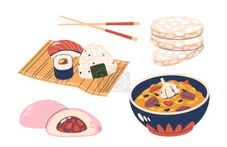 Ilustración de Conjunto de comidas de arroz, Pilaf Clásico Diverso, Pan, Rollos Japoneses, Sushi o Sashimi. Pan versátil y satisfactorio, galletas, sabores culturales de escaparate y creatividad culinaria. Ilustración de vectores de dibujos animados - Imagen libre de derechos