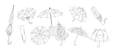 Illustration for Umbrellas Outline Monochrome Vector Icons Set. Portable, Collapsible Devices Designed To Shield From Rain Or Sunlight, Providing Convenient Weather Protection On-the-go. Linear Black and White Parasol - Royalty Free Image