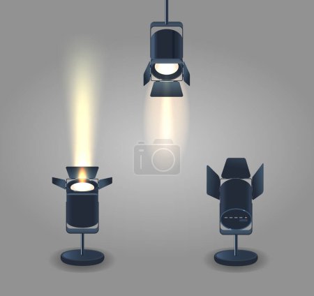 Illustration for Realistic 3d Vector Spotlights, Powerful Floor and Ceiling Lighting Fixtures Used In Stage Productions, Concerts, And Events. They Focus Intense Beams To Highlight Performers Or Enhancing Visibility - Royalty Free Image