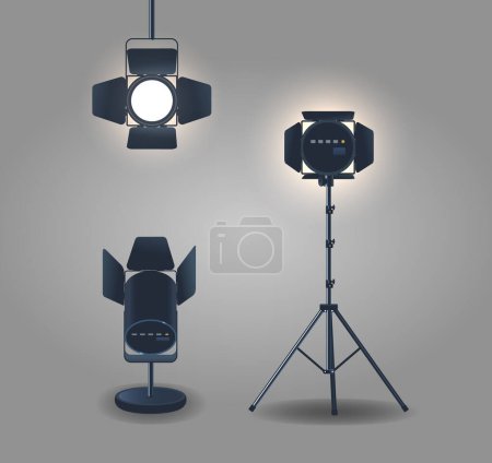 Illustration for Spotlights Realistic 3d Vector Powerful Lighting Fixtures For Focused Illumination In Theaters, Concerts, And Events, Consist Of A Lamp, Reflector, Lens, And A Movable Housing For Precise Targeting - Royalty Free Image