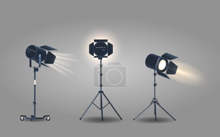 Illustration for Spotlights on Tripod Illuminate And Highlight Objects Or Areas. Realistic 3d Vector Lamps Used In Theaters, Stages, Events For Focused Lighting Emphasizing Specific Elements And Creating Visual Impact - Royalty Free Image
