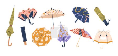 Illustration for Vector Set of Umbrellas, Portable, Collapsible Devices Designed To Shield From Rain Or Sunlight. They Consist Of A Canopy Attached To A Folding Frame, Providing Convenient Weather Protection On-the-go - Royalty Free Image