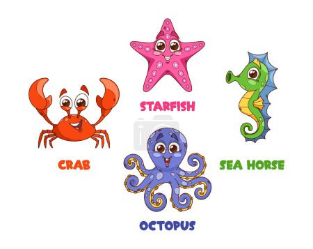 Illustration for Adorable Cartoon Marine Characters. Cute Crab, Funny Starfish, Charming Seahorse, And Playful Octopus, Whimsical Colorful Personages, Capturing Hearts With Underwater Enchantment. Vector Illustration - Royalty Free Image