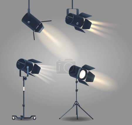 Illustration for Spotlights, Realistic 3d Vector Powerful Lighting Devices Used For Focused Illumination on Stages, Events, And Outdoor Settings. They Provide Intense Beams To Highlight Specific Areas Or Objects - Royalty Free Image