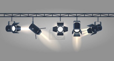 Illustration for Ceiling Spotlights, Powerful Lighting Fixtures, Realistic 3d Vector Bright Lamps with Adjustable Lenses For Precise Illumination, Used In Theaters, Concerts And Events To Highlight Areas Or Performers - Royalty Free Image