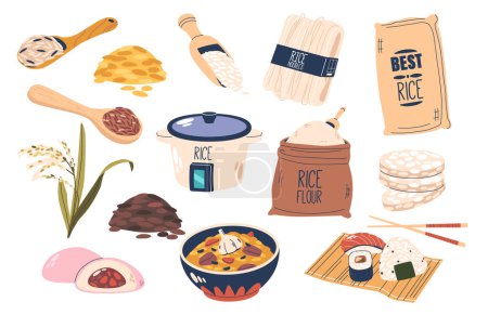 Ilustración de Set de iconos temáticos de arroz, con granos delicados, cocina de arroz y palillos tradicionales, celebrando la importancia cultural y la esencia culinaria de este alimento básico. Ilustración de vectores de dibujos animados - Imagen libre de derechos