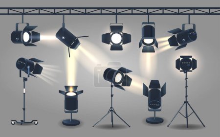 Illustration for Spotlights Realistic 3d Vector Set. Powerful Lighting Fixtures Used To Illuminate Specific Areas Or Objects On Stage, In Photography, Or For Outdoor Events. Provide Focused And Adjustable Beams - Royalty Free Image