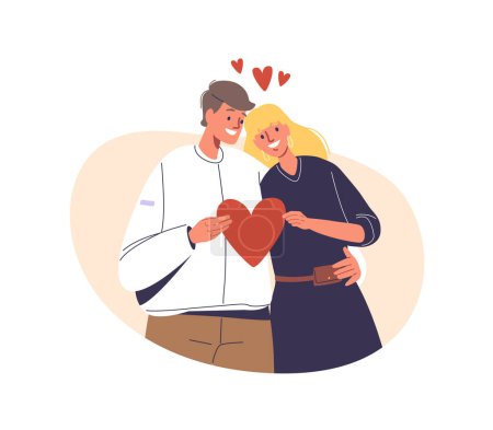 Illustration for Joyful Couple Embraces, Hands Clasped Around A Heart, Radiating Love And Happiness In Their Bond, A Symbol Of Enduring Affection. Loving Male and Female Characters. Cartoon People Vector Illustration - Royalty Free Image