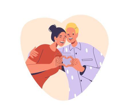 Illustration for Happy Couple Clasps Hands, Forming Heart Shape, Their Eyes Brimming With Affection. Pregnant Woman and her Husband Characters Radiating Joy And Love In Silent Connection. Cartoon Vector Illustration - Royalty Free Image