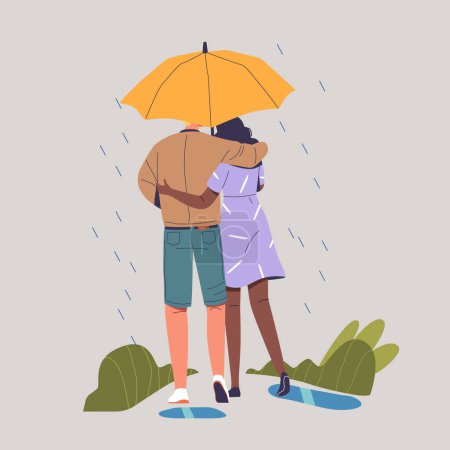 Illustration for Two Hearts Sheltered Beneath One Umbrella, Rear View, Raindrops Whispering Melodies, Cocooned In Affection Embrace, Their Love Painting The World In Vibrant Hues. Cartoon People Vector Illustration - Royalty Free Image