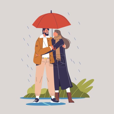 Illustration for Two Hearts Intertwine Beneath A Shared Umbrella In A Gentle Downpour, Whispers Of Affection Drowned By Raindrops. Love, A Shelter In Their Embrace, As The World Fades Away. Cartoon Vector Illustration - Royalty Free Image