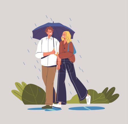 Illustration for Amidst The Gentle Rain Cadence, A Couple Characters In Love Finds Solace Beneath A Shared Umbrella, Their Intertwined Gazes Mirroring The Warmth Of Their Hearts. Cartoon People Vector Illustration - Royalty Free Image