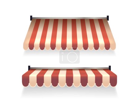 Illustration for Striped 3d Store Awnings, Realistic vector Rectangular Tents, Feature Vibrant, Alternating Bands Of Color, Adding Depth And Style To Storefronts While Offering Shade And Protection From The Elements - Royalty Free Image
