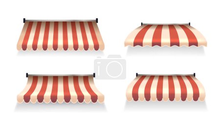 Illustration for Striped Store Awnings Set, Realistic 3d Vector Tents Add Charm With Vibrant Patterns, Sheltering From Sun Or Rain While Enhancing Storefront Aesthetics, Beckoning Customers With Their Classic Allure - Royalty Free Image