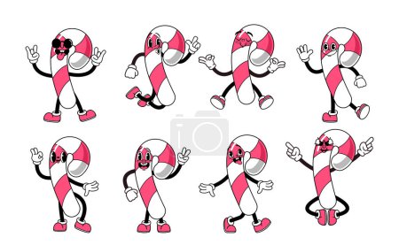 Illustration for Retro Christmas Candy Cane Cartoon Character, Adorned With Vibrant Stripes And Sweet Smile, Embodies Festive Nostalgia. A Sugary Spirit, Spreading Joy With Peppermint Charm And Timeless Holiday Cheer - Royalty Free Image