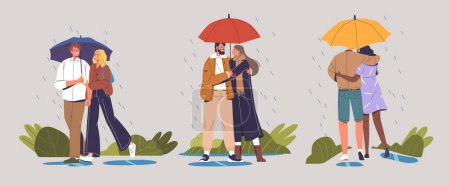 Téléchargez les illustrations : Quelques personnages amoureux partagent un parapluie au milieu de la pluie douce, leur rire faisant écho à la chaleur des moments partagés, créant un havre intemporel de joie et de connexion. Illustration vectorielle des personnages de bande dessinée - en licence libre de droit