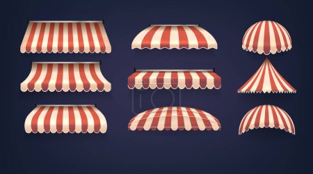 Illustration for Elegant Striped Store Awnings Set. 3d Vector Tents for Classic Facade, Providing Shade And Visual Appeal. Timeless Design Enhances Storefronts, Offering Stylish And Welcoming Atmosphere For Customers - Royalty Free Image