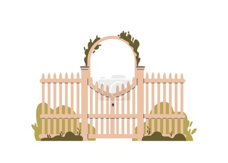Illustration for Elegant Wooden Fence And Gate, Exquisitely Crafted From Wood, Gracefully Intertwined With Lush, Manicured Hedge, Feature Rich, Natural And Sturdy, Harmonious Construction. Cartoon Vector Illustration - Royalty Free Image