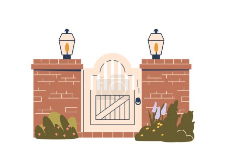 Illustration for Wooden Gate Framed By Sturdy Brick Pillars, Lanterns And Flowers, Creating Charming Timeless Entrance That Blends Rustic Elegance With Enduring Strength And Natural Beauty. Cartoon Vector Illustration - Royalty Free Image