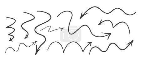 Ilustración de Conjunto de Flechas caprichosas dibujadas a mano en estilos de Doodle incompletos, con curvas lúdicas, ideales para diseños gráficos informales o creativos. Conjunto de símbolos vectoriales monocromáticos de dirección e infografía - Imagen libre de derechos