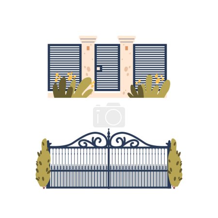 Illustration for Metal Gates or Fence Provide Security And Privacy, Defining Property Boundaries. Aesthetic, Forged Welcoming Entrance, Functional And Decorative Architectural Design. Cartoon Vector Illustration - Royalty Free Image