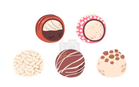 Téléchargez les illustrations : Bonbons au chocolat, Confections délicieuses rondes de taille mordue combinant Choco riche et crémeux avec des garnitures comme les noix, le caramel ou les centres fruités, saveurs douces et complexes. Illustration vectorielle de bande dessinée - en licence libre de droit