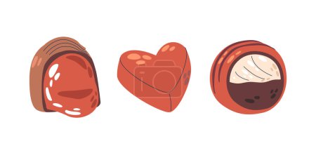 Illustration for Chocolate Candies, Round, Heart-shaped Delectable Treats with Liquor or Jam, Crafted From Rich Cocoa, Sugar And Various Flavors, Offering Delightful Burst Of Joy. Cartoon Vector Illustration - Royalty Free Image