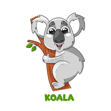 Illustration for Adorable Cartoon Koala With Big, Round Eyes, A Fluffy Gray Coat And A Friendly Smile on Tree Branch. Playful And Cuddly Lovable Character Embodies Charm And Aussie Spirit. Isolated Vector Illustration - Royalty Free Image