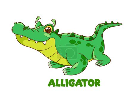 Téléchargez les illustrations : Dessin animé gai personnage d'alligator de bande dessinée avec un sourire denteux. Personnage fantaisiste et vert d'enfants de crocodile avec l'antiquité ludique et le comportement amical. Reptile adorable drôle. Illustration vectorielle - en licence libre de droit