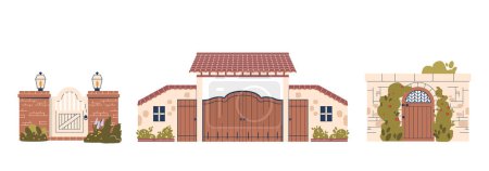Illustration for Wooden And Brick Fence Features A Sturdy Brick Base With Elegant Wooden Panels Above, Complemented By A Matching Wooden Gate, Blending Strength And Aesthetic Appeal. Cartoon Vector Illustration - Royalty Free Image