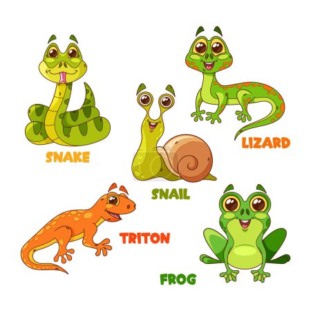 Illustration for Cartoon Reptile Characters Isolated Vector Set. Snail, Snake, Triton, and Frog with Lizard Cute And Funny Personages Illustrations For Kids Books Or Games. Adorable Amphibian Creatures Collection - Royalty Free Image