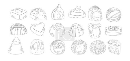 Illustration for Assortment Of Premium Chocolate Candies Outline Monochrome Icons Vector Exquisite Set, Features A Rich Blend Of Flavors And Textures. Linear Truffles, Praline Cocoa Desserts, Valentine Holiday Treats - Royalty Free Image