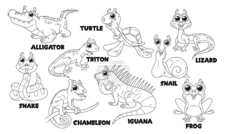 Illustration for Cartoon Reptile Characters Isolated Vector Monochrome Outline Icons Set. Alligator, Turtle, Snail and Snake, Triton, Chameleon, Iguana and Frog with Lizard Cute And Funny Personages Illustrations - Royalty Free Image