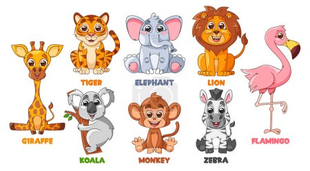 Téléchargez les illustrations : Personnages Animaux Africains de Bande Dessinée Ensemble Vecteur Isolé. Girafe, tigre, lion et éléphant, Koala, singe, zèbre ou flamant rose Personnages mignons et drôles Illustrations pour enfants Livres ou jeux - en licence libre de droit