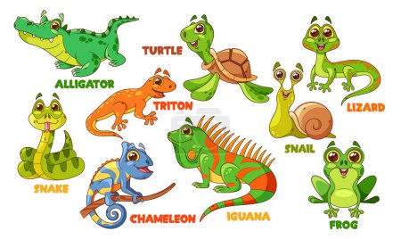Illustration for Cartoon Reptile Characters Isolated Vector Set. Alligator, Turtle, Snail and Snake, Triton, Chameleon, Iguana and Frog with Lizard Cute And Funny Personages Illustrations For Kids Books Or Games - Royalty Free Image