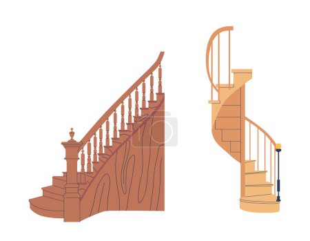 Ilustración de Elegantes escaleras vintage de madera, escalera recta o de caracol para casa, mansión o cabaña, hechas a mano con precisión, interiores elevados, mezcla de nostalgia y artesanía. Ilustración de vectores de dibujos animados - Imagen libre de derechos