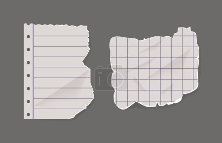 Illustration for Lined And Checkered Torn Paper Pieces. Fragmented Sheets, Featuring Horizontal Lines Or Grid Patterns, With Jagged, Irregular Edges. Ripped Notebook Pages. Realistic 3d Vector Illustration - Royalty Free Image