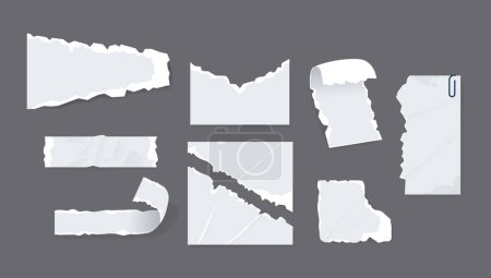 Illustration for Collection Of White Torn Paper Pieces, Featuring Irregular, Jagged Edges. Variously Sized Torn Sheets For Scrapbooking, Collage Art, Memo, Or Creative Design Projects. Realistic 3d Vector Illustration - Royalty Free Image