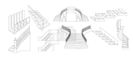 Illustration for House Stairs Monochrome Outline Icons Set. Wooden, Stone, Marble with Carpet and Glass Staircase. Vintage Spiral Stairway with Railing or Modern Decorative Elements for Office, Hotel, Apartment, Store - Royalty Free Image