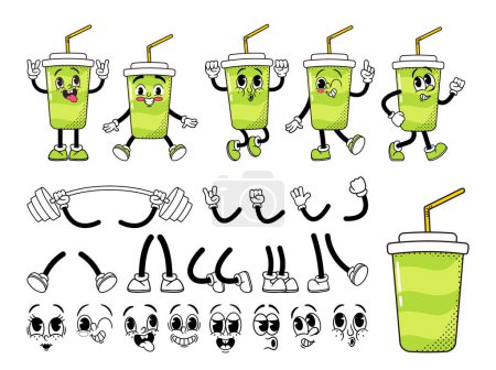 Téléchargez les illustrations : Cartoon Retro Groovy Soda Cup Character Construction Kit. Vector Set Of 70s Comic Faces, Legs, Hands and Emotions Collection. Cola Boisson Mug, Joyeux, gai Hippie Fast Food Personnage nostalgique - en licence libre de droit