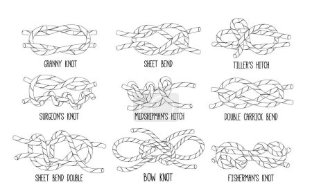 Illustration for Sea Nodes Monochrome Outline Vector Icons Set. Granny, Fisherman, Surgeons or Bow Knot, Sheet or Double Carrick Bend, Tillers or Midshipman Hitch for Securing Ropes, Sails, And Equipment - Royalty Free Image